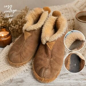 Vintage Shearling Leather Slipper Boots Womens Size 8 Brown Cottagecore